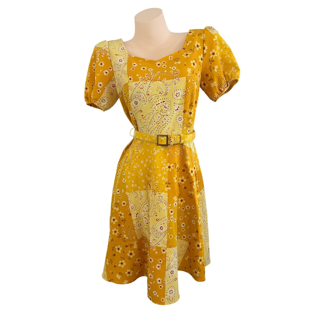 Cottagecore Nanette Lepore Mustard Yellow Floral Paisley Patchwork Dress 2